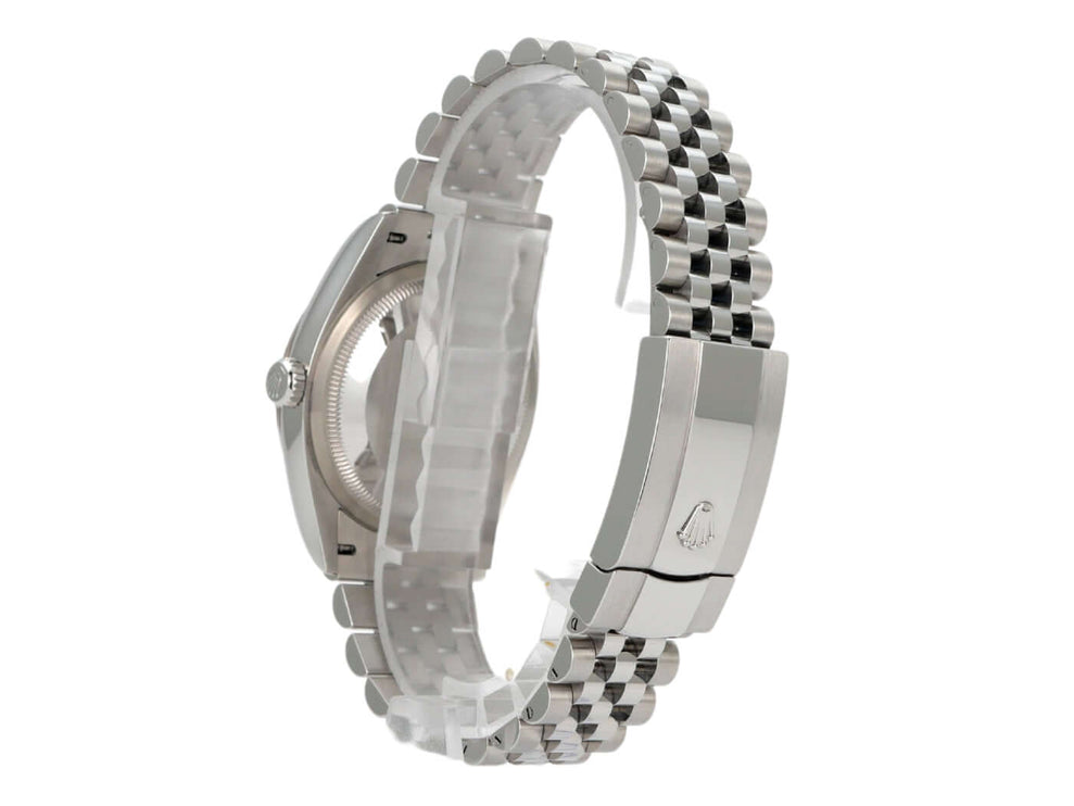 Rolex Datejust 36 Uhrgehäuse aus Oystersteel und Weißgold mit Jubile-Band, seitliche Ansicht.