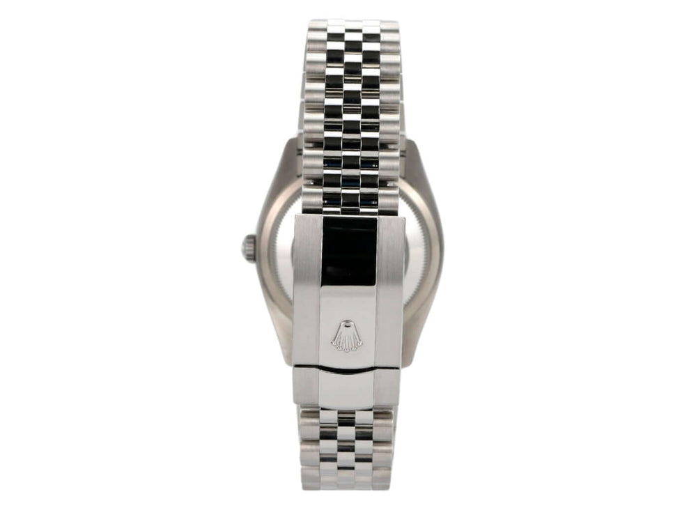 Rolllex Datejust 36 Uhr mit Jubile-Band und Oystersteel Gehäuse aus der Rückansicht.