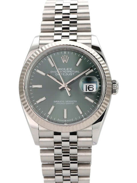 Rolex Datejust 36 in Oystersteel und Weißgold, mintgrünes Zifferblatt, Jubile-Band, Ref. 126234, Automatik, Chronometer