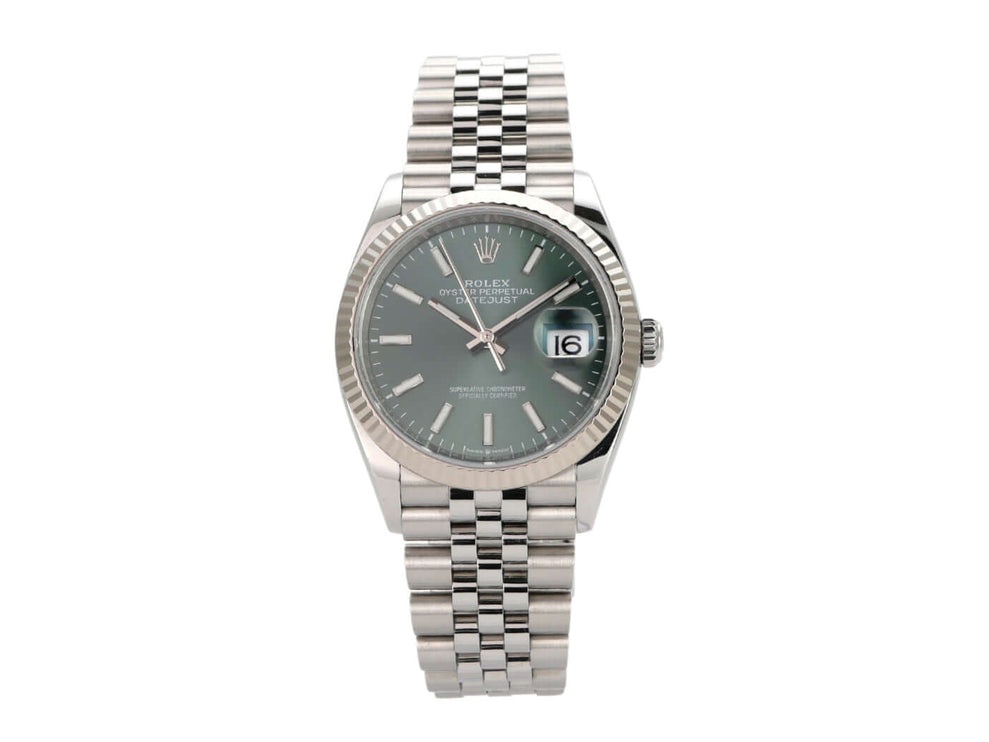 Rolex Datejust 36 in Oystersteel und Weißgold mit mintgrünem Zifferblatt und Jubile-Band.