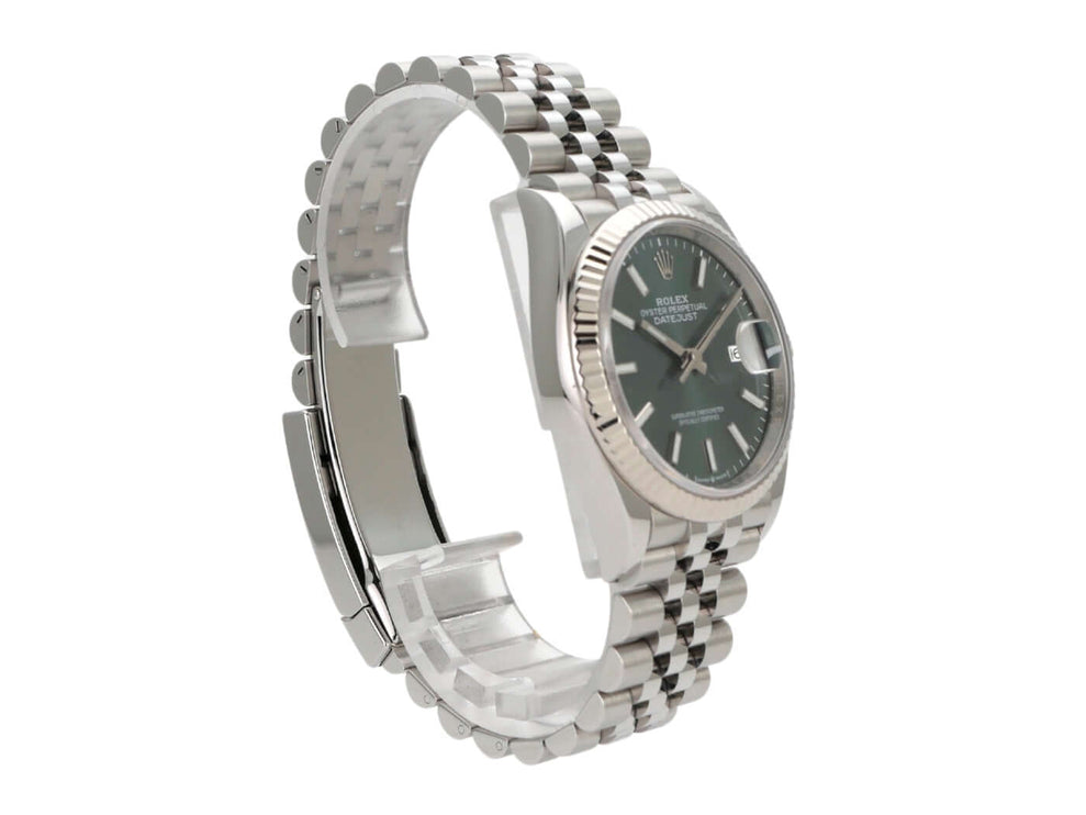 Rolex Datejust 36 Weißgold 126234 mit mintgrünem Zifferblatt und Jubile-Band in Edelstahl.