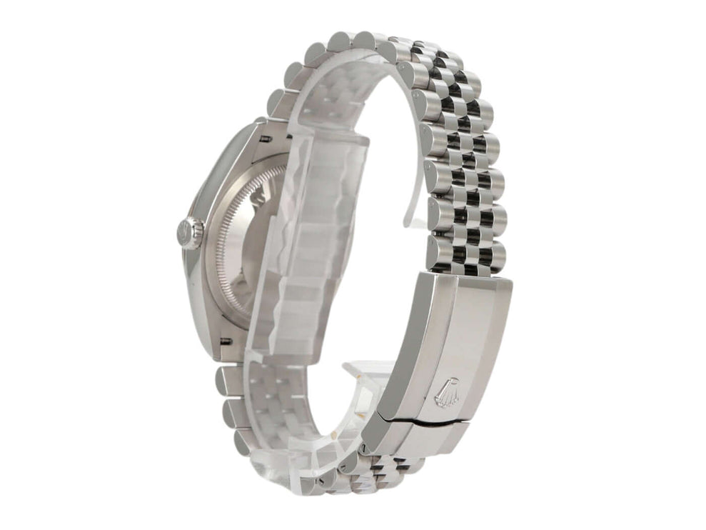 Uhrenseite des Rolex Datejust 36 mit Jubile-Band und Oystersteel Gehäuse, elegantes Design in mintgrün.