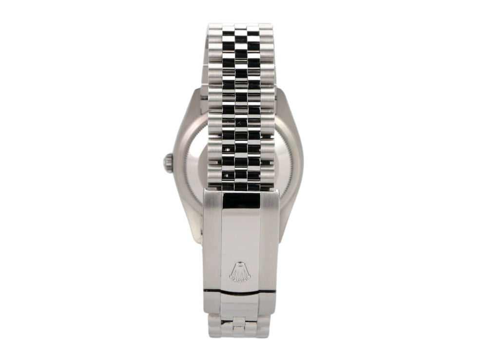 Detailansicht des Rolex Datejust 36 mit Jubile-Band aus Edelstahl und Weißgold, Rückseite und Schließe sichtbar.