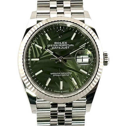 Rolex Datejust 36 126234 mit olivgrünem Palmenmuster-Zifferblatt und Edelstahl-Jubile-Band.