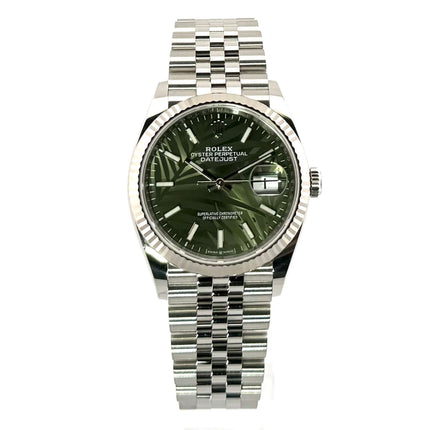 Rolex Datejust 36 Ref. 126234, Oystersteel/Edelstahl, Weißgold-Lünette, Olivgrünes Palmenmuster Zifferblatt, Jubile-Band, aus 2022