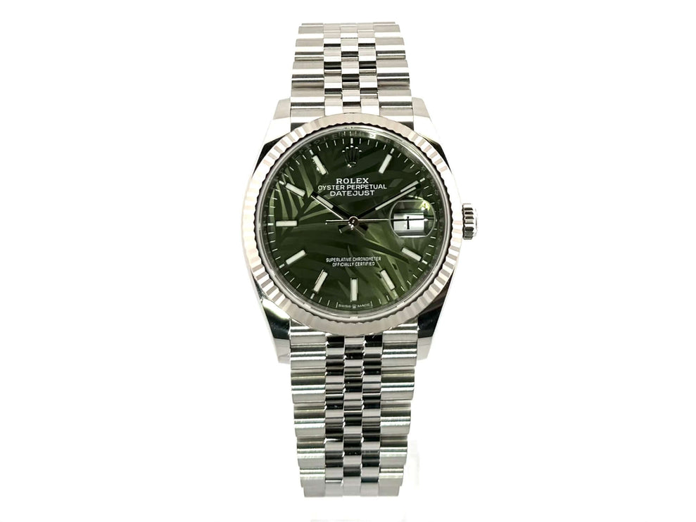 Rolex Datejust 36 Ref. 126234, Oystersteel/Edelstahl, Weißgold-Lünette, Olivgrünes Palmenmuster Zifferblatt, Jubile-Band, aus 2022