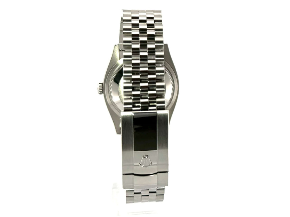 Rückansicht der Rolex Datejust 36 Oystersteel Weißgold 126234 mit Jubile-Band und Faltschließe in Edelstahl.