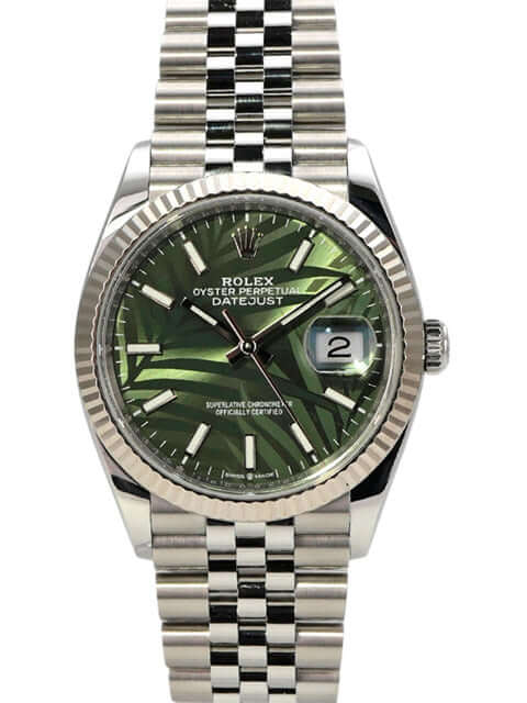 Rolex Datejust 36 in Oystersteel mit olivgrünem Palmenmuster Zifferblatt und Jubilé-Band, Ref. 126234.