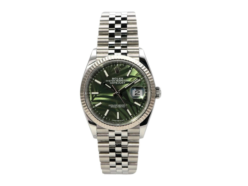 Rolex Datejust 36 aus Oystersteel und Weißgold mit olivgrünem Palmenmuster Zifferblatt und Jubile-Band.