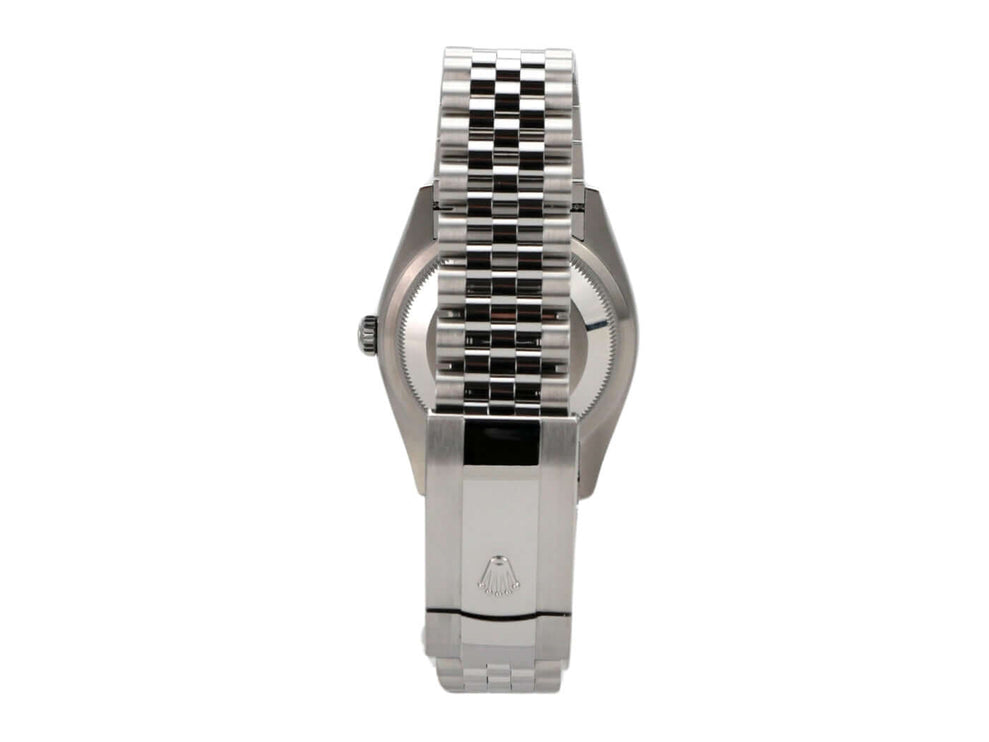 Rolex Datejust 36 mit Jubile-Band und Edelstahl-Gehäuse, seitliche Ansicht der Uhr.