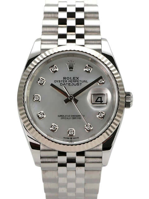 Rolex Datejust 36 aus Oystersteel und Weißgold mit Perlmutt Zifferblatt und Diamanten.