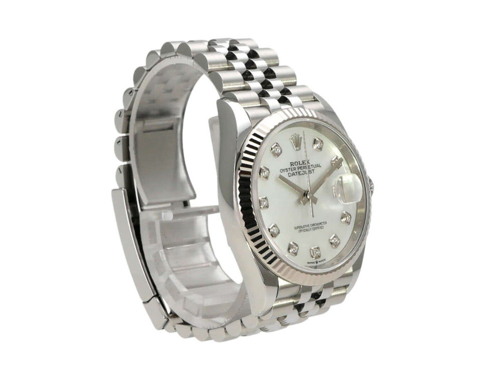 Rolex Datejust 36 aus Edelstahl und Weißgold, Perlmutt Zifferblatt mit Diamanten, Jubile-Band.