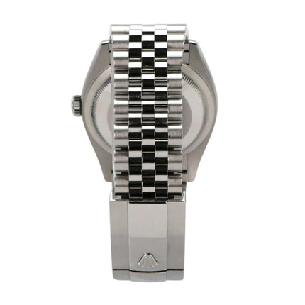 Rolex Datejust 36 Uhr mit Jubile-Band aus Edelstahl und poliertem Gehäuse, Rückansicht.
