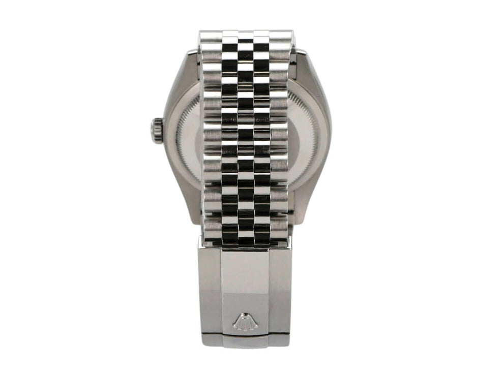 Rolex Datejust 36 Uhr mit Jubile-Band aus Edelstahl und poliertem Gehäuse, Rückansicht.