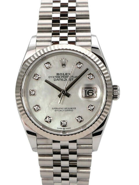 Rolex Datejust 36 Oystersteel Weißgold 126234 Perlmutt Diamant Jubile-Band Uhr mit Perlmutt Zifferblatt und Diamanten.