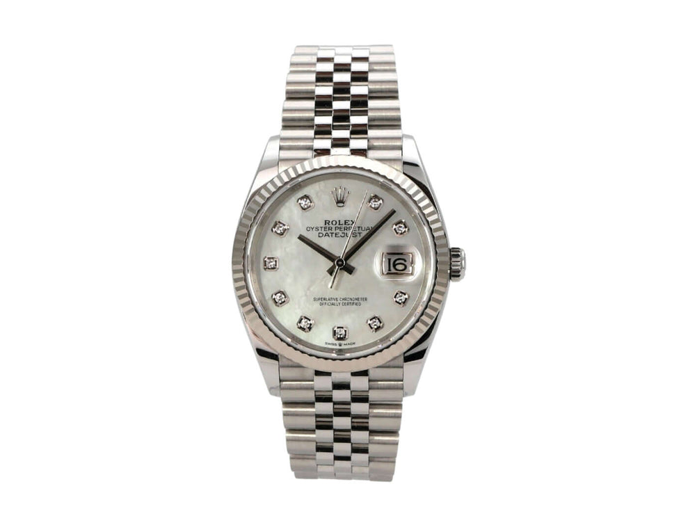 Rolex Datejust 36 Oystersteel Weißgold 126234 Perlmutt Diamant Jubile-Band mit Perlmutt Zifferblatt und Diamanten.