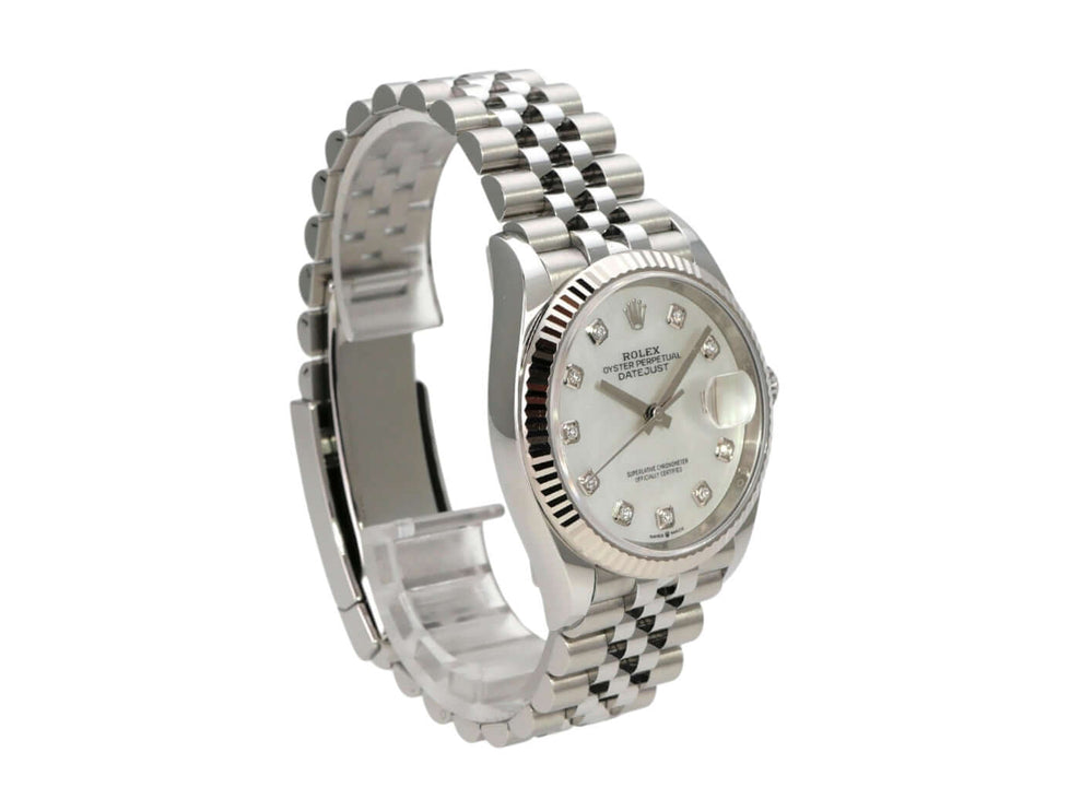 Rolex Datejust 36 Oystersteel Weißgold 126234 Perlmutt Diamant Jubile-Band mit Diamanten und Edelstahlband