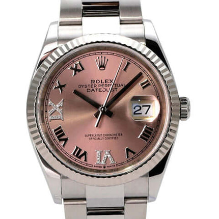 Rolex Datejust 36 Oystersteel Weißgold 126234 Pink Römisch Diamant Armbanduhr mit rosafarbenem Zifferblatt.