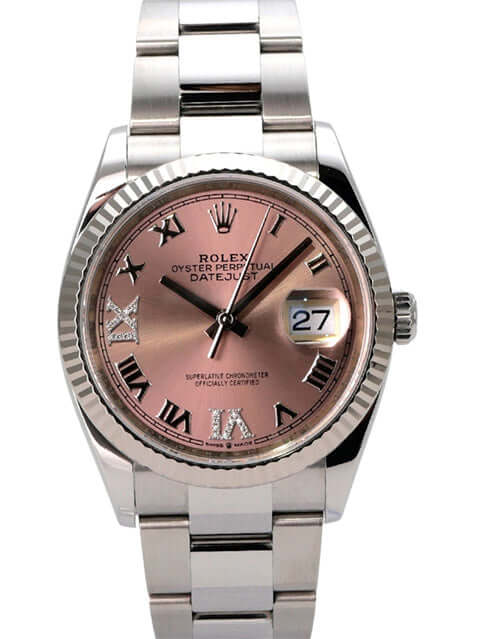Rolex Datejust 36 Oystersteel Weißgold 126234 Pink Römisch Diamant Armbanduhr mit rosafarbenem Zifferblatt.