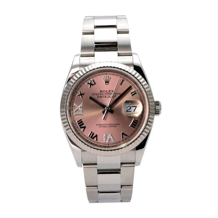 Rolex Datejust 36 Oystersteel Weißgold 126234 Pink Römisch Diamant mit pinkfarbenem Zifferblatt und römischen Ziffern.