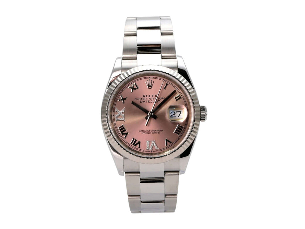 Rolex Datejust 36 Oystersteel Weißgold 126234 Pink Römisch Diamant mit pinkfarbenem Zifferblatt und römischen Ziffern.