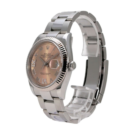 Rolex Datejust 36 Oystersteel Weißgold 126234 Pink Römisch Diamant Uhrenansicht von der Seite.