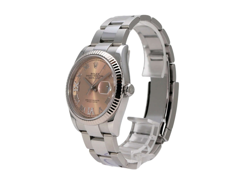 Rolex Datejust 36 Oystersteel Weißgold 126234 Pink Römisch Diamant Uhrenansicht von der Seite.