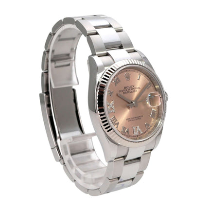 Rolex Datejust 36 Oystersteel Weißgold 126234 Pink Römisch Diamant mit römischen Ziffern und Diamond-Details.