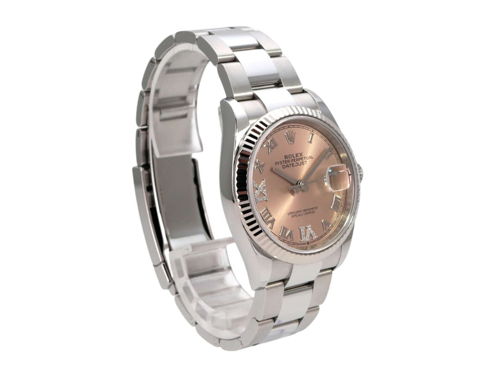 Rolex Datejust 36 Oystersteel Weißgold 126234 Pink Römisch Diamant mit römischen Ziffern und Diamond-Details.