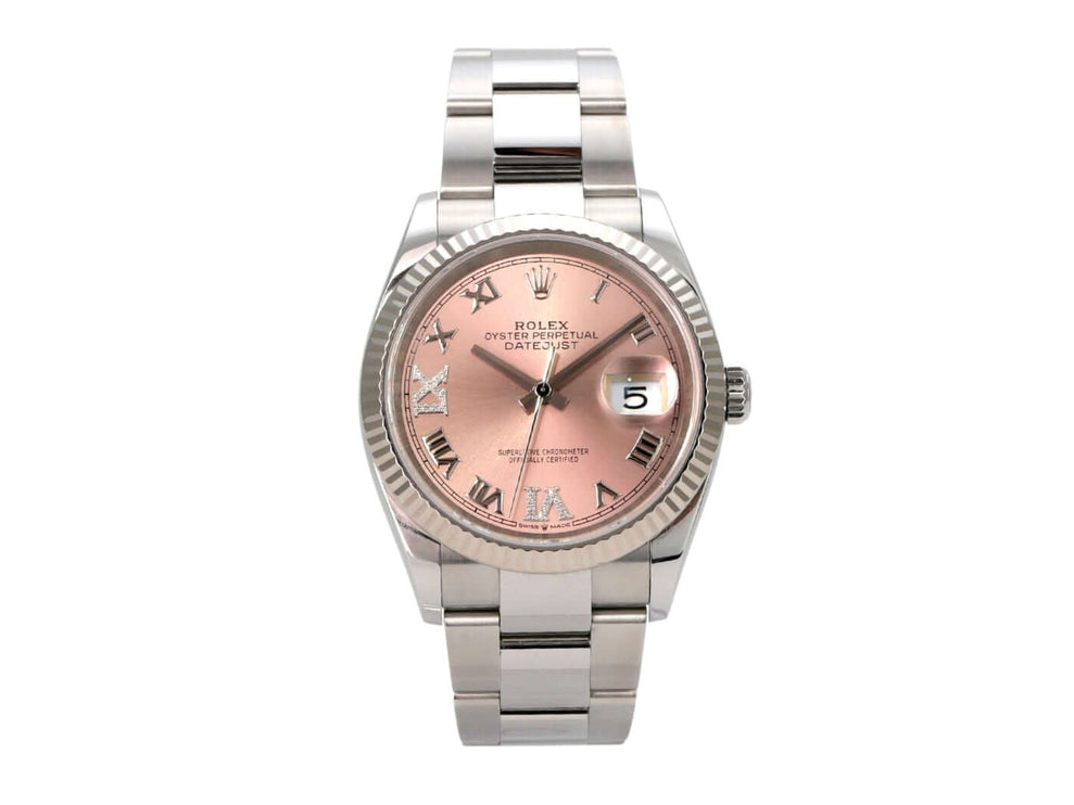 Rolex Datejust 36 Oystersteel Weißgold 126234 Pink Römisch Diamant, pinkes Zifferblatt mit Diamanten