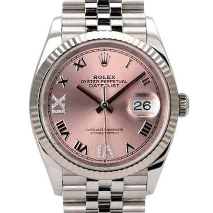 Rolex Datejust 36 Oystersteel Weißgold 126234 Pink R Diamant Jubile-Band mit rosa Zifferblatt und Diamanten.