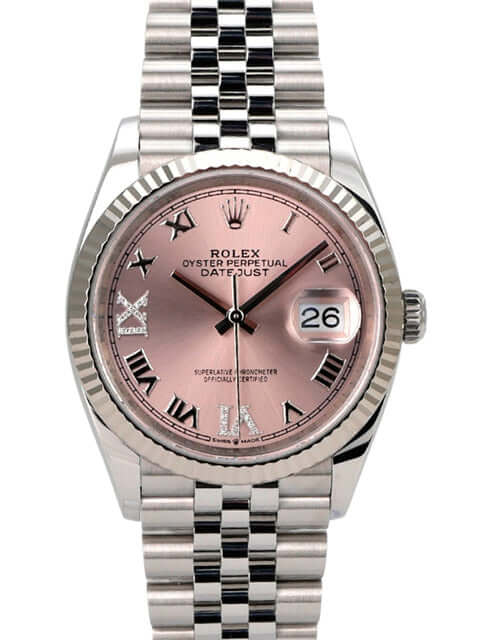 Rolex Datejust 36 Oystersteel Weißgold 126234 Pink R Diamant Jubile-Band mit rosa Zifferblatt und Diamanten.