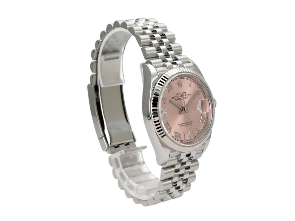 Rolex Datejust 36 Oystersteel Weißgold 126234 Pink R Diamant Jubile-Band seitliche Ansicht der Uhr