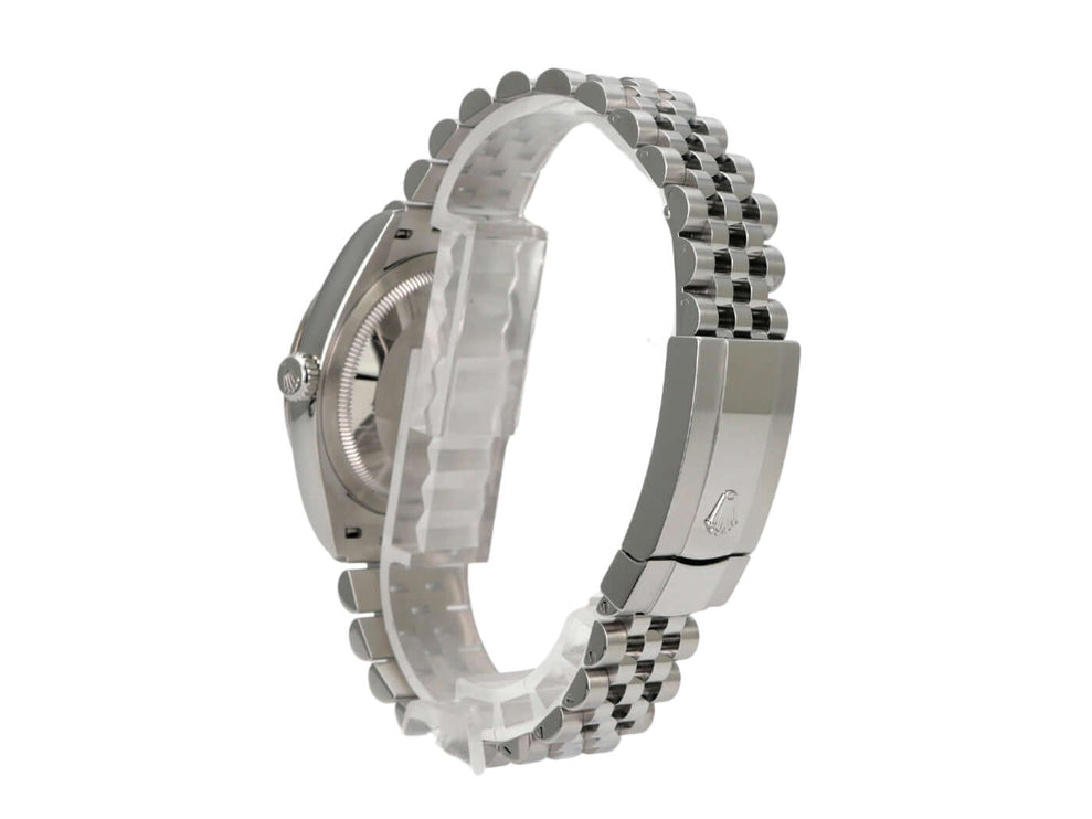 Rolex Datejust 36 Oystersteel Weißgold 126234 Pink R Diamant Jubile-Band seitliche Ansicht der Uhr und des Jubilee-Armbands.