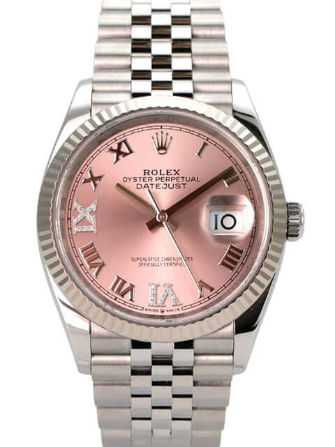 Rolex Datejust 36 Oystersteel Weißgold 126234 Pink R Diamant Jubile-Band, rosa Zifferblatt mit Diamanten