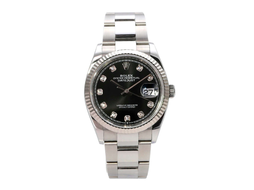 Rolex Datejust 36 Oystersteel Weißgold 126234 Schwarz Diamant, schwarzes Zifferblatt mit Diamantindizes