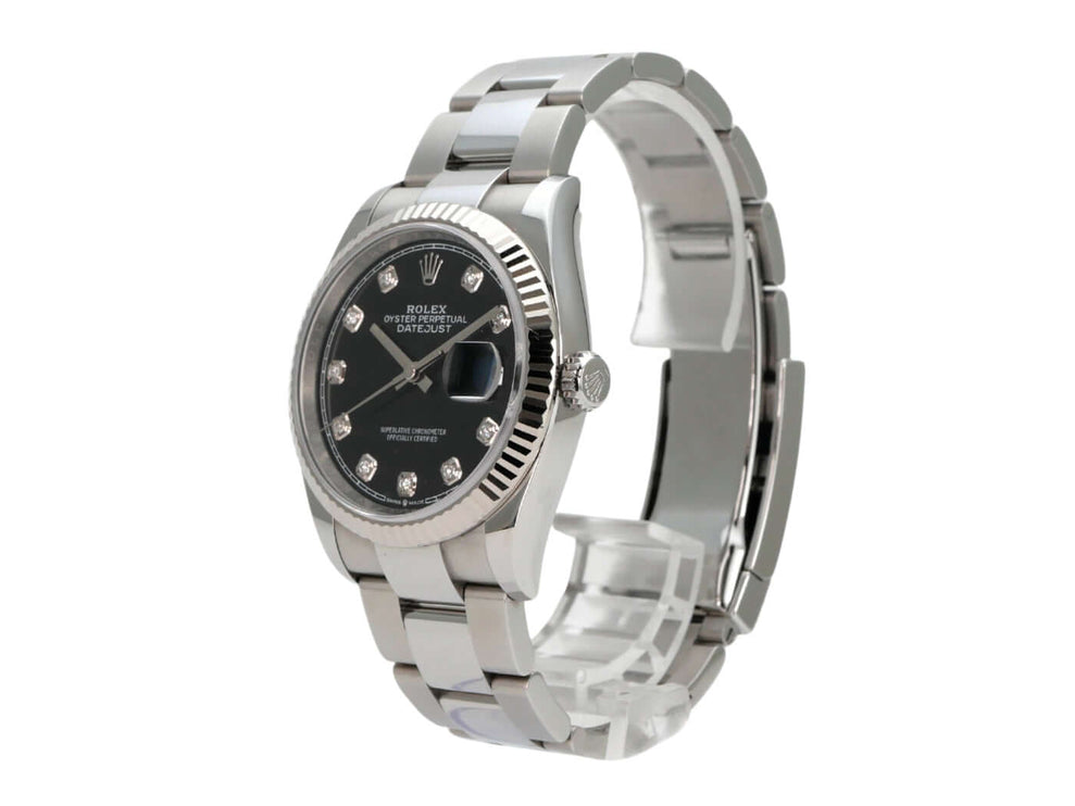 Rolex Datejust 36 Oystersteel Weißgold 126234 Schwarz Diamant mit schwarzem Zifferblatt und Diamantindizes