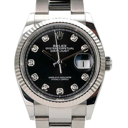 Rolex Datejust 36 Oystersteel Weißgold 126234 Schwarz Diamant mit schwarzem Zifferblatt und Diamanten.
