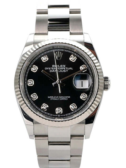Rolex Datejust 36 Oystersteel Weißgold 126234 Schwarz Diamant mit schwarzem Zifferblatt und Diamanten.
