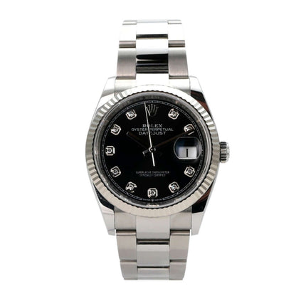 Rolex Datejust 36 Oystersteel Weißgold 126234 Schwarz Diamant mit schwarzem Zifferblatt und Diamanten.