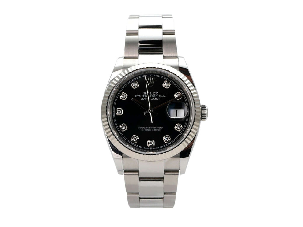 Rolex Datejust 36 Oystersteel Weißgold 126234 Schwarz Diamant mit schwarzem Zifferblatt und Diamanten.