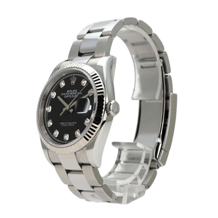 Rolex Datejust 36 Oystersteel Weißgold 126234 Schwarz Diamant Uhrenbild mit schwarzem Zifferblatt und Diamanten.