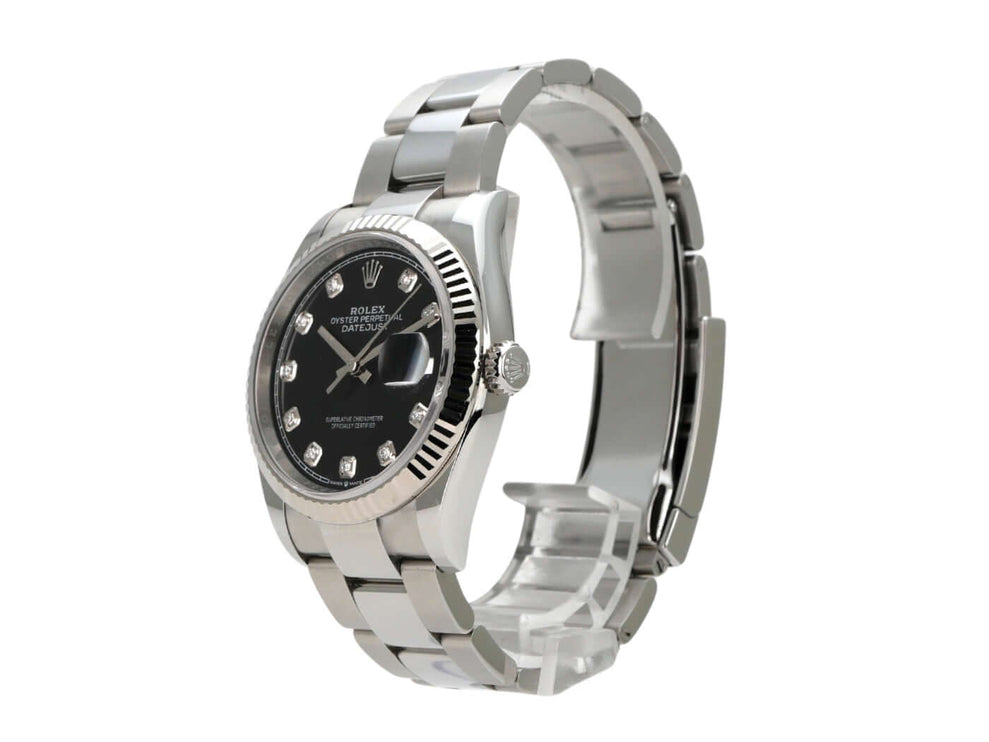 Rolex Datejust 36 Oystersteel Weißgold 126234 Schwarz Diamant Uhrenbild mit schwarzem Zifferblatt und Diamanten.