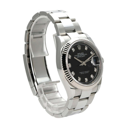 Rolex Datejust 36 Oystersteel Weißgold 126234 Schwarz Diamant Uhr mit schwarzem Zifferblatt und Diamanten.