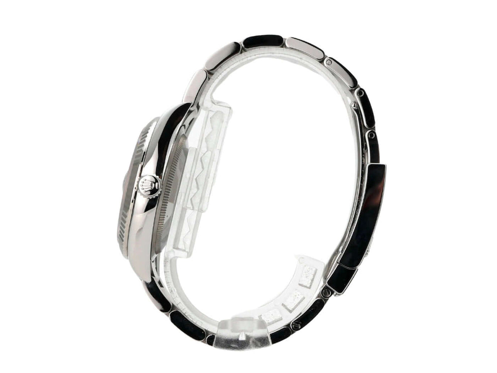 Rolex Datejust 36 Oystersteel Weißgold 126234 Schwarz Diamant seitliche Ansicht der Uhr mit Edelstahlband.