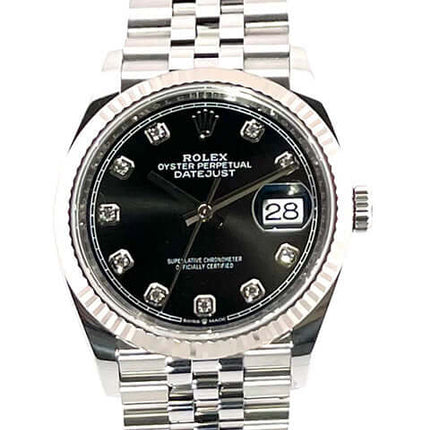 Rolex Datejust 36 Oystersteel Weißgold 126234 mit Schwarzem Zifferblatt und Diamanten, Jubile-Band, Edelstahl, Automatik, Datumsanzeige.