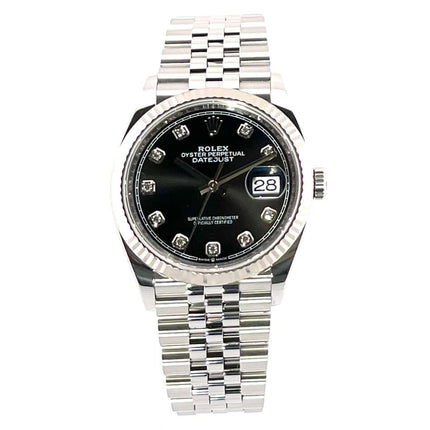 Rolex Datejust 36 Oystersteel Weißgold 126234, schwarzes Zifferblatt mit 10 Diamanten, Edelstahljubileeband, 36 mm Gehäuse, 18 kt Weißgoldlünette.