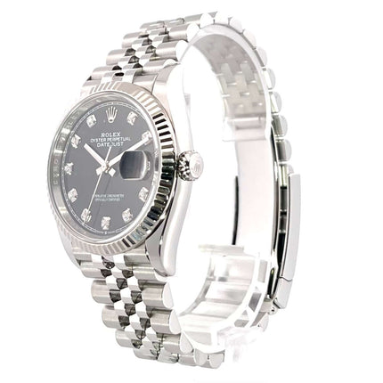Rolex Datejust 36 Oystersteel Weißgold 126234 Schwarz DIA Jubile-Band aus 2021 mit schwarzem Zifferblatt und Diamanten auf Edelstahlarmband