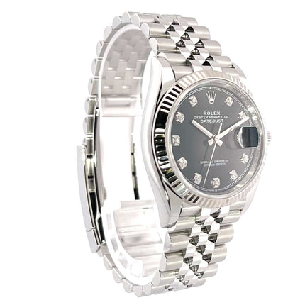 Rolex Datejust 36 Edelstahl Oystersteel Weißgold Ref. 126234, schwarzes Zifferblatt mit Diamanten, Jubile-Band, Automatik, Herrenuhr