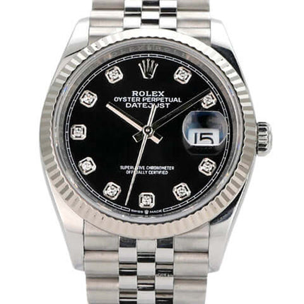 Rolex Datejust 36 aus Oystersteel Weißgold, schwarzes Zifferblatt mit Diamanten, Jubile-Band, Automatikwerk.
